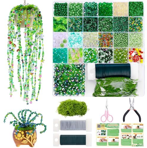 FOGWOWO 5422 Pcs Beaded Plant Kit Forever Plant Kit Green Glass Beads for Plant Making,Green Beads for Beaded Plants with Video Tutorials,Forever Plant Beads Leaf Bead for Jewelry Making DIY Craft