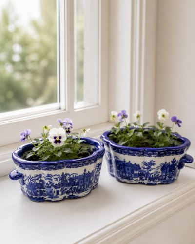 Set of 2 Victorian Blue and White antique style ceramic flower pots