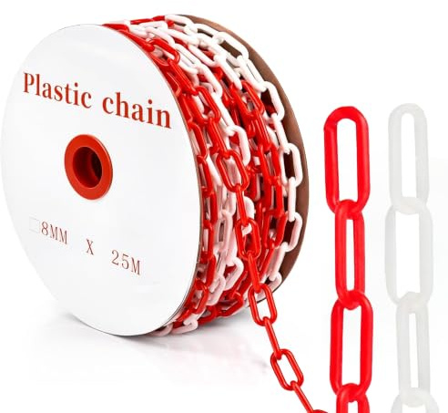 25 m Absperrkette Rot-Weiß Kunststoff – 8 mm starke Warnkette Plastikkette | UV-beständig Absperrkette für Barrieren in Auffahrten, Arbeitsplätzen Garagen und Außenanlagen
