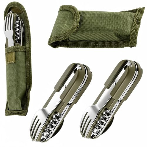 Dwitkul 2 Stück 7 In 1 Multifunktions Reisebesteck, Bundeswehr Besteck mit Gürteltasche, Klappbesteck Feldbesteck Wanderbesteck,Camping Besteckset für Outdoor, Wandern, Reise.(Grün)