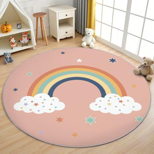 AevuCub Regenbogen Teppich Rund 120cm Kurzflor - Waschbare Teppiche Wohnzimmer Sterne Rosa Mädchen Kinder - Runder Teppich 120 Durchmesser - Bettvorleger Schlafzimmer rutschfest Weich