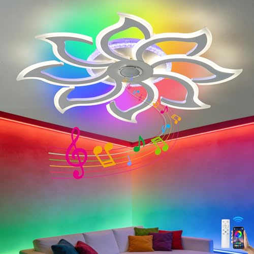 Caufloce RGB Deckenleuchte mit Bluetooth Lautsprecher Dimmbare 90cm Led Deckenlampe Für Schlafzimmer und Wohnzimmer mit Fernbedienung und Speicherfunktion Moderne Blumen Deckenleuchten mit App Weiß