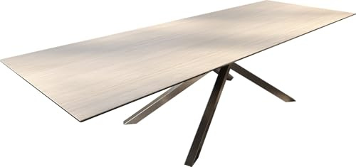 DELIFE Outdoortisch Edge 300x100 cm Keramik Laminam® Travertino Bianco Creme-Weiß Kreuzgestell Rechteck Edelstahl