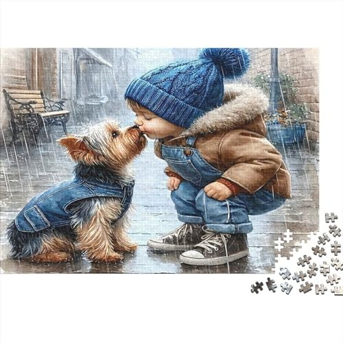 Junge und Hund Straßenszene Puzzle für Erwachsene 1000 Teile Puzzle Spiel Papier Regen Tag Familienspiel 70x50cm/1000pcs