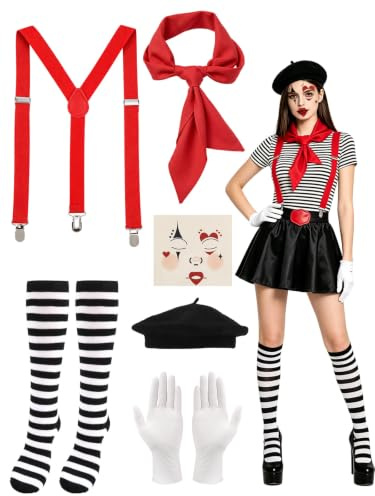 BOARDFEB 6 Stück Pantomime Kostüm Damen Franzosen Clown Outfit | Baskenmütze,Hosenträger, Socken, Handschuhe, Seidentuch, Gesichtstattoo, Zirkus Harlekin Kostüm für Halloween Karneval