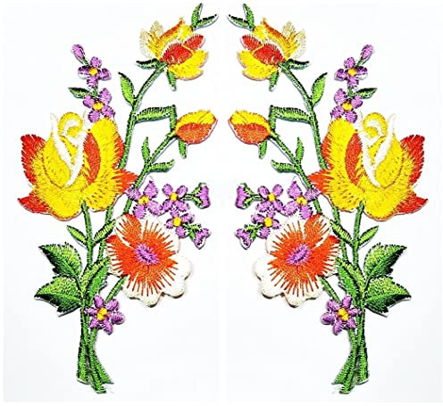 HHO schöner gelber Blumen-Aufnäher, bunte Spitze, Wildblumen-Mix, Rosen, Blumenstrauß DIY Applikation, bestickt, zum Aufnähen, Aufbügeln