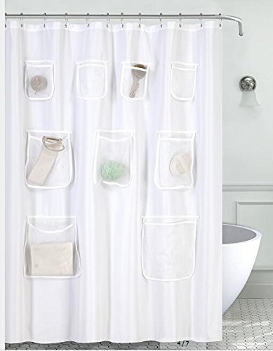 Mrs Awesome Tenda da doccia o fodera in tessuto idrorepellente con 9 pratiche tasche in rete, panno spesso di alta qualità e opaco, lavabile, 180 x 183 cm, occhielli antiruggine, colore bianco