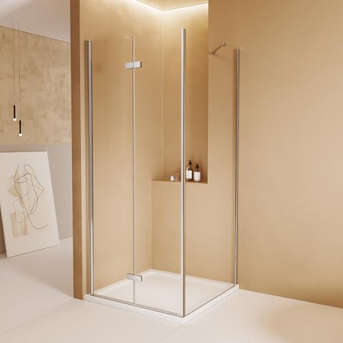 EMKE Duschkabine 75 x 80 x 185cm Eckeinstieg Falttür Dusche 180º Klappbar Duschwand Duschabtrennung mit Seitenwand 80cm 6mm ESG Sicherheitsglas