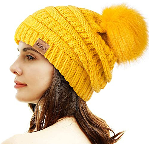 REDESS Damen Winter Pom Pom Beanie Mütze mit warmem Fleece gefüttert, Dicker Slouchy Snow Knit Chunky Baggy Skull Ski Cap