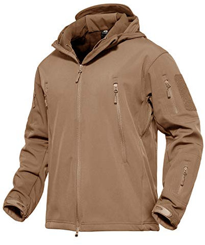KEFITEVD Giacca softshell tattica da uomo, foderata in pile, impermeabile, traspirante, con cappuccio, per la pesca, la caccia, marrone, XXL