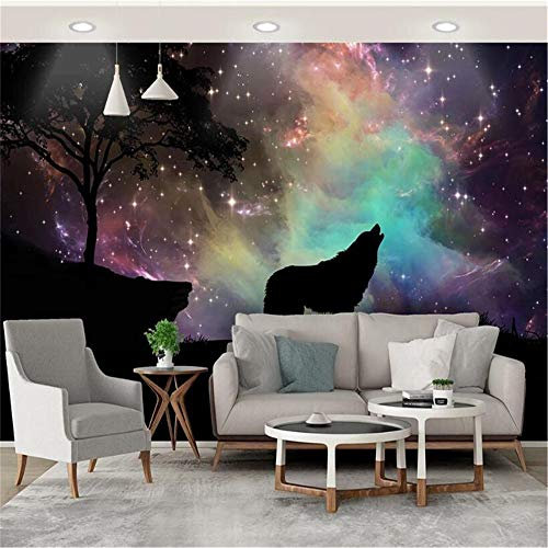 PSiFound® 3D Kinder Kunst Foto Wallpaper Wandbild Einfachheit Mode Nacht Sternenhimmel Wolf (300X210Cm) Selbstklebender Vliesstoff Poster Diy Wandtattoo Mädchen Innenraum Schlafzimmer Wanddekoration