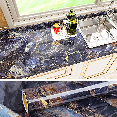 VEELIKE Marble Contact Paper Wallpaper Self Adhesive Vinyl Wrap Dark Blue Sticky Back Plastic Roll Washable Kitchen Wallpapers Living Room Wallpaper for Furniture Cupboard Wall 40cm x 900cm