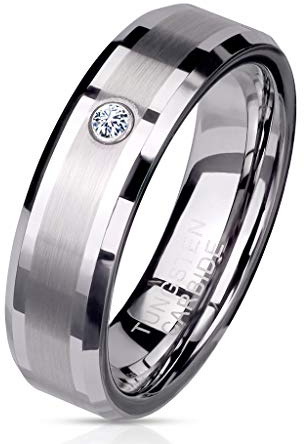 Paula & Fritz® Ring Damen Wolframcarbid gebürstete Mitte Zirkonia Klar Gr. 49 (15,6) - 70 (22,3) Silber 6-mm Breit Herren-Ring Partnerring Damenring
