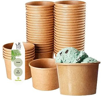 DeinPack Umweltfreundliche Universal Karton mit PLA für EIS, Dessert, Fingerfood, Vorspeisen, Snacks I 50 Stück Speisebecher braun unbedruckt 150 ml rund kompostierbar