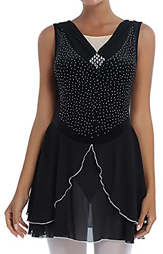 inlzdz Damen Tanzkleid V-Ausschnitt Ballettkleid mit Strass Samt Tank Top Chiffon Ballettrock Ärmelloses Eiskunstlauf Kleid Gymnastikanzug Leistungskostüm Schwarz XL