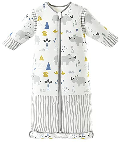 Chilsuessy Winter 3.5 Tog Kinder Schlafsack mit abnehmbaren Ärmeln Bio Babyschlafsack für Jungen und Mädchen von 1 bis 10 Jahre alt, Süßes Nashorn, L (100-130 cm)