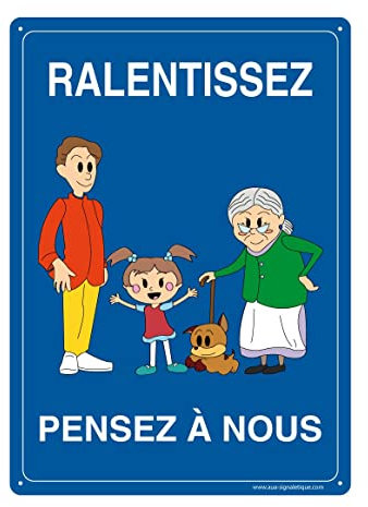 AUA SIGNALETIQUE - Panneau Prépercé avec Angles arrondis - Ralentissez - Pensez à Nous - Famille - 350x490 mm, Aluminium Dibond 3mm