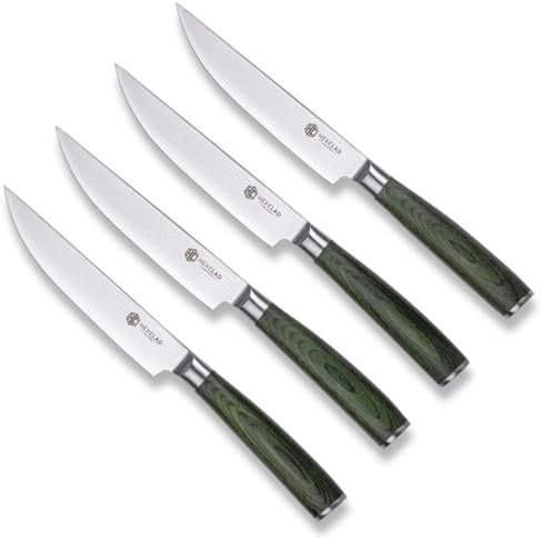 HexClad Steakmesser-Set, 4-tlg., Damastklingen aus rostfreiem Stahl, Full Tang Konstruktion, Griffe aus Pakkaholz
