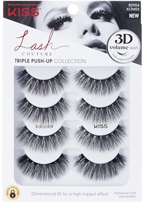 KISS Triple Push-Up, False Eyelashes, 'Babydoll', 12mm-14mm, Includes 4 pairs of false eyelashes, Easy to Apply, Reusable Lash Clusters