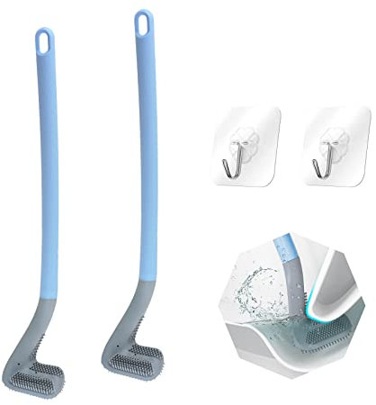 FuninCrea 2 Pcs Golf Head Toilet Brush, Long Handle Golf Toilet Brush with Hooks Silicone Non Sticky Hair Toliet Brush 360° No Dead Corners Deep Cleaning Toilet Cleaner Brush (Blue)