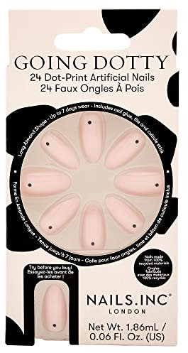Nails Going Dotty Dot-Print Artificial Nails Pack of 24, Long Almond Shape, Nude, Variety Pack, Nail Glue, Nail File, and Manicure Stick- 1 Pack