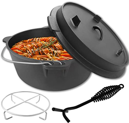 Froadp 9L Dutch Oven Set Eingebranntes Kochtopf Gusseisen Topf mit Deckel Griff Haken & Ständer Tragbare Grilltopf für Camping Picknicks BBQ Feuertopf für Induktion Gasgrill Gasherde Lagerfeuer