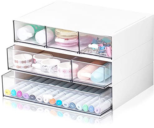 Lighterday Desktop Drawers,Plastic Storage Drawers Stackable Storage Boxes,Desk Organiser Drawers for Desk Storage Makeup Storage Bathroom Storage Office Storage Home Storage (6 Drawers & White), xl