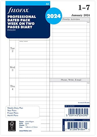 Filofax A5 Wochenansicht, englischer Terminplaner 2024, Weiß