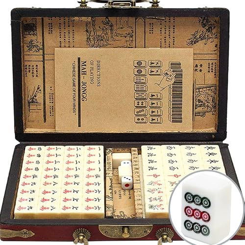 XUBX Mini-chinesisches Majong-Set,Mahjong-Anzug, Spielsteine aus weißem Elfenbeinimitat in edler Holzschatulle,Reise Mahjong Spielset Beige,komplettes Majong-Spiel-Set für Versammlungen, Tischspiel