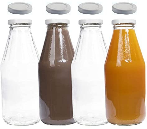 mikken 4 x Glasflasche 500 ml Flasche mit Deckel weiss + 4 Ersatzdeckel und 4 Etiketten