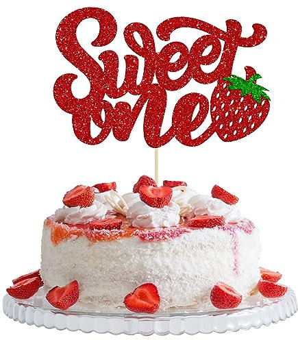 Sweet One Cupcake Topper Glitter First Birthday Strawberry Cake Pick for Fruit Baby Shower - Berry Sweet Cake Decorations for Party Supplies - 1 Pack, Red