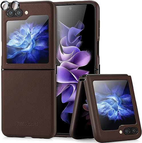 KEZiHOME Hülle für Samsung Galaxy Z Flip 5, Stoßfeste Schutzhülle Flip 5 Cover [Kamera&Display Schutzfolie] Metallscharnier TPU, Dünn Echtleder Handyhülle Klapphülle Kompatibel mit Z Flip 5 5G(Kaffee)