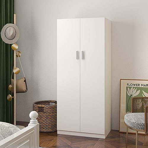 Wooden 2 Door Wardrobe with Shelf and Hanging Rail Modern Clothes Storage Cupboards Unit for Bedroom Furniture W 72 x D 49 x H 169 cm (White)