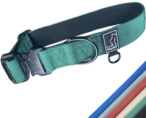 Kare9 Extra Strong Collar for Medium/Large Dogs | Adjustable 35cm-50cm | Padded, Heavy Duty w/Metal Buckle (Medium, Green)