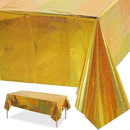 Xinfin Bunt Party Tischdecke, Irisierende Plastik Einweg Geburtstag Tischdecke, 137x274cm Rechteck Wasserdicht Tischtuch für Kinder Mädchen Jungen Geburtstag Party Deko (Gold, 1PCS)