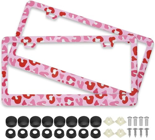 Nummernschild-Rahmen mit Leopardenmuster, Rosa, 2 Stück, Leopardenmuster, Nummernschildhalter, Abdeckungen mit kostenlosen Schrauben, Befestigungen, Kappen (rosa Leopardenmuster)