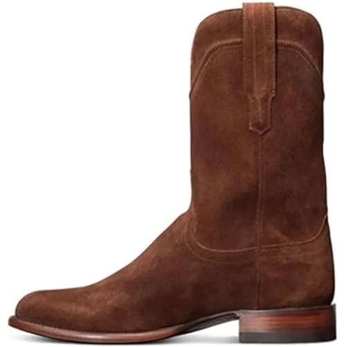 Stivali da Cowboy da Uomo Stivali Vintage Slip-on al Polpaccio Ricamo Modello Diviso con Punta a Punta Stivali in Pelle Patchwork Antiscivolo con Tacco Largo,Marrone,44 EU