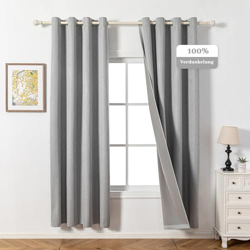 MYSKY HOME Verdunkelungsvorhang Vorhänge Wohnzimmer mit Ösen H 225 x B 140 cm Gardine Leinenoptik Blickdichte Gardinen Wärmeisolierend Kälteschutz,Hellgrau.
