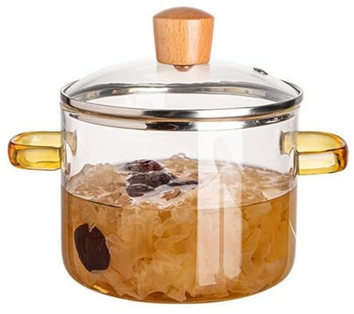 Universal Clear Glass Simmer Pot with Lid - 1.6L Dual Handle, Microwavable & Oven Safe for Cooking Soup, Milk, Porridge - Yellow Handle