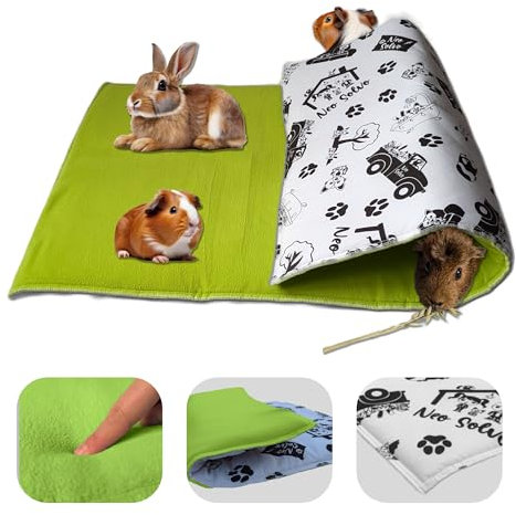 NEO SOLVO Fleece Spielplatzmatte für Meerschweinchen und Kaninchen - Alles in einem: eine Decke, EIN riesiger Tunnel, EIN Haus, EIN Kissen und EIN Bett - 70 cm x 105 cm - Grün