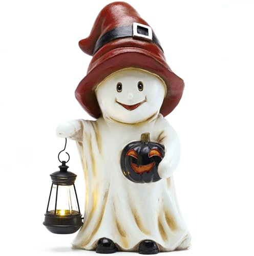 TERESA'S COLLECTIONS Garden Ornaments Outdoor, Red Lovely Ghost with Pumpkin and Solar-Powered Laterns, Waterproof Resin Ornaments, Garden Decorations Gifts, Indoor Outdoor 27.1CM