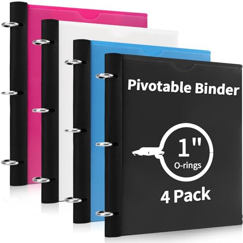 Tashkummy 360 Grad schwenkbarer Ordner, verbessertes 3-Ringbuch, 2,5 cm, 4 Stück, flexible Ordner, 3 Ringe, faltbare Drei-Ringbücher - Schwarz, Weiß, Blau, Rot