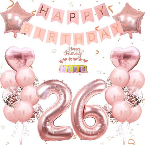 Conruich Deko 26. Geburtstag Frau, Geburtstagsdeko 26 Jahre Frau, Ballon 26 Geburtstag Dekoration Frauen, Rosegold Tortendeko Geburtstag 26 Jahre Frau, Happy Birthday Banner Deko 26. Geburtstag Frauen