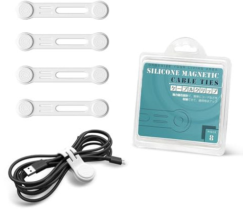 Kcmell Magnetic Cable Ties 8 Pieces, White Reusable Cable Ties Cable Organisers Magnetic Cable Clips Silicone Cord Organiser Cable Straps for Organizing and Bundling Wires, Earphone, Charger