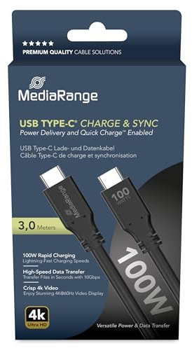 MediaRange USB Type-C® Charging Data Cable with E-Mark Chip, USB 3.2 Gen 1 x 2, 10Gbps, Supports USB-C Power Delivery 3.0, Quick Charge 3.0 and PPS, 100W Max., 3m, Black