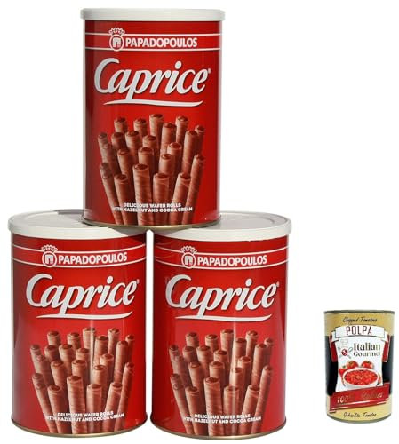 PAPADOPOULOU CAPRICE Waffel mit Haselnuss Kakao Creme, Waffelröllchen Schoko 3x 115g + Italian Gourmet polpa 400g