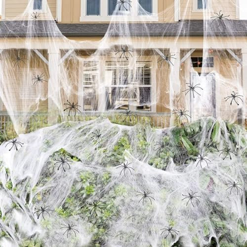 LXYYDS 200g Halloween Deko Spinnennetz, Halloween Spinnennetz Weiß mit 40 Kleine Halloween Spinne, Spinnenweben Deko für Garten, Spukhaus Halloween Deko Outdoor Party Zubehör