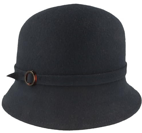 Breiter Damen Filzhut Glocke 100% Wolle Wollfilzhut Glocke mit Plastikschließe Ripsband-Garnitur Marine M