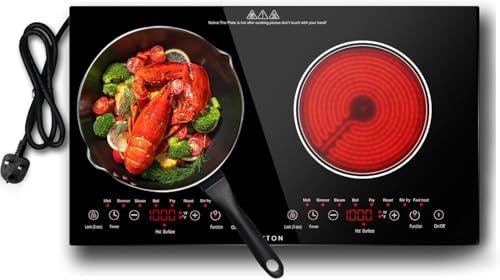 Noxton Double Ceramic Hob, Double Electric Hob Portable 30cm with 4-Hour Timer, 9 Power up to 2800W, Safety Lock, for All Type Pot