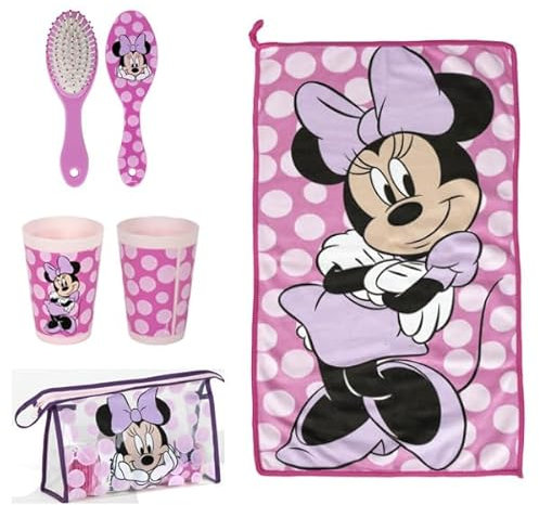 Disney Minnie Mouse Kids Travel Toiletry Set – Includes Toiletry Bag, Soft Microfiber Towel, Hairbrush & Multi-Purpose Beaker – Compact, Travel-Friendly & PVC-Free – Fun & Practical Gift for Kids